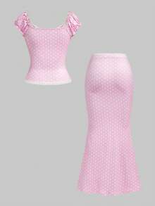 ROMWE Kawaii 2pcs/Set Women's Summer Outfits, V-Neck Bowknot Decor Contrast Polka Dot Lace Patchwork Slim Fit Top And Skirt - Pink - View 2