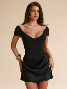 SHEIN BAE Đầm mini đen không tay dáng ôm, viền satin, đầm cocktail thanh lịch phù hợp cho bữa trưa, dự tiệc cưới, sự kiện xã hội, mùa hè, đầm đen, tiệc cưới, tiệc sinh nhật, đầm duyên dáng. - màu đen - Xem 4