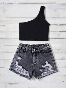 SHEIN Tween Girl 2pcs Knitted One Shoulder Top And Distressed Denim Shorts, Casual And Versatile Cowgirl Outfit - Black - View 3