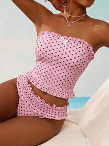 Swim Mod Bộ bikini hai mảnh họa tiết chấm bi hoa lá ngọt ngào dành cho nữ, trang phục đi biển dễ thương. - Hồng - Xem 2
