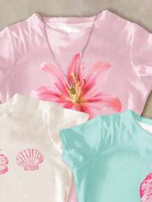 SHEIN 3件套多巴胺印花圆领短袖基础款T恤套装，奶油绿、奶油粉、白色，休闲简约百搭，适合青少年女孩，春夏日常穿着、度假、外出等场合。 - 彩色 - 查看 3