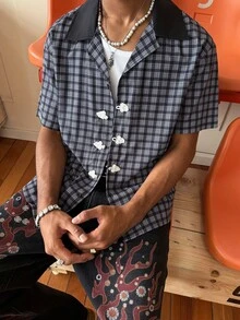 STEELVANCE 男士黑白格纹中国风短袖衬衫，纽扣领设计，百搭日常穿着 - 黑色 - 查看 4