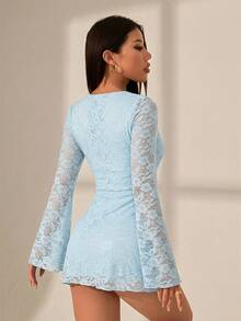 SHEIN PETITE Đầm nữ thanh lịch thêu ren phối nhiều lớp, thích hợp cho kỳ nghỉ và hẹn hò. - Màu xanh lam - Xem 2