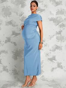 MaterniChic Maternity Solid Color Ruched Fitted Elegant Summer Dress - Blue - View 7