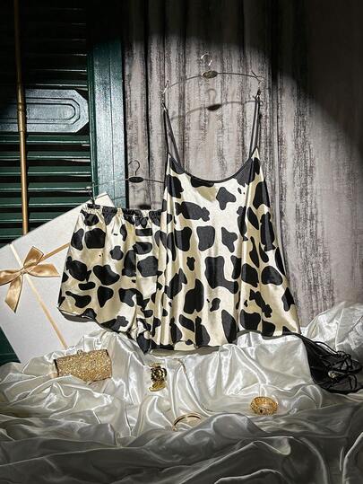 SilkySpell 加大码仿丝奶牛纹吊带背心和短裤睡衣套装