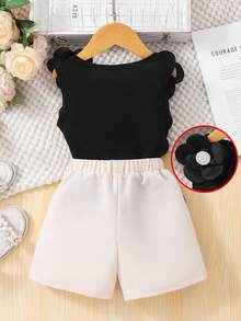 Girls' Sweet Design Set, Spring/Summer, 3D Flower & Pearl Decor Sleeveless Top + Contrast Ruffle Hem Shorts, 2pcs Set, Casual, Party, Daily Wear - Black - View 5