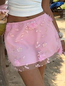 Sunnyshic 女士粉色刺绣迷你裙，浪漫海滩/约会/情人节/派对装扮，百搭春夏下装 - 粉色 - 查看 3