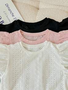 SHEIN LMoss Kids 3件套少女休闲提花针织纯色圆领短袖上衣 - 彩色 - 查看 6