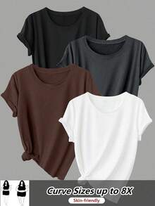 SHEIN CURVE+ 4pcs/Set Plus Size Women Basic Short Sleeve Loose T-Shirts - Multicolor - View 1