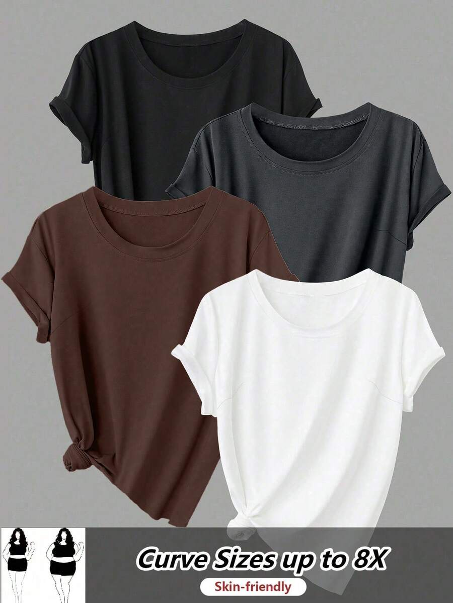 SHEIN CURVE+ 4pcs/Set Plus Size Women Basic Short Sleeve Loose T-Shirts - Multicolor - View 1