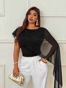 Femmeverse Mono de mujer de talla grande de unicolor con cuello redondo, versátil para uso diario - Negro - Ver 8