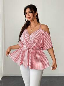 Elenzga Plus Size Spaghetti Strap Tie-Front Striped Cute Blouse - Red - View 4