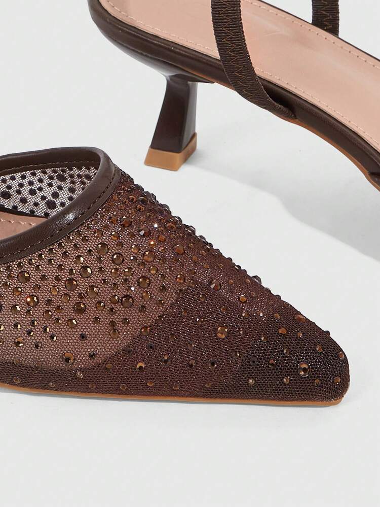 CUCCOO SZL Women Shoes Spring And Summer New Women's High Heel Shoes Mesh Rhinestone Breathable Pointed Square Heel Medium Heel French Elegance Commuter Dating Wedding Banquet Versatile Women's Shoes