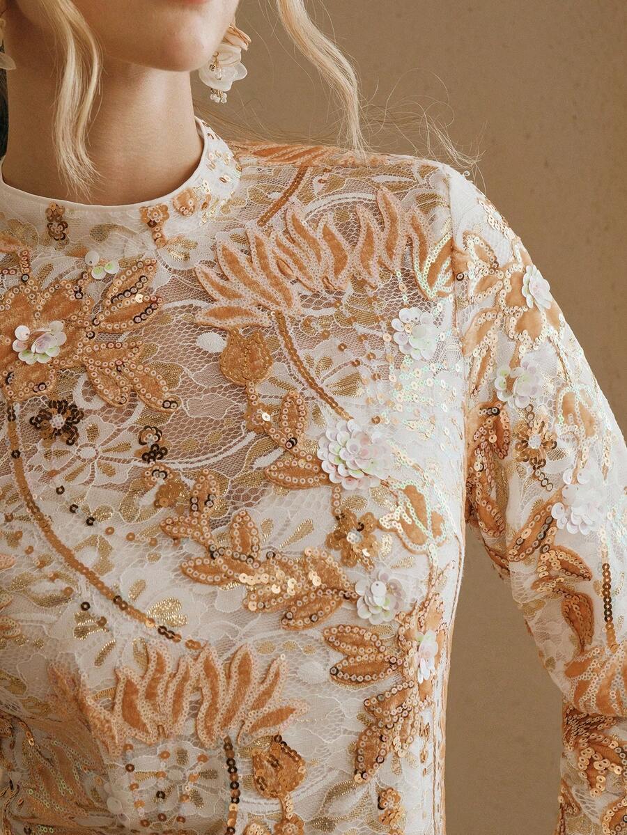Anewsta Stand Collar Long Sleeve Luxury Sexy Embroidered Sequin Waist Cinched Dress Golf White Autumn