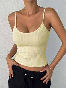 DAZY Camiseta de tirantes ajustada sin espalda de color liso para mujer de verano - Beis - Ver 4