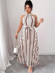 Elenzga Elegant Summer Vacation Dress For Plus-Size Ladies - Brown - View 3