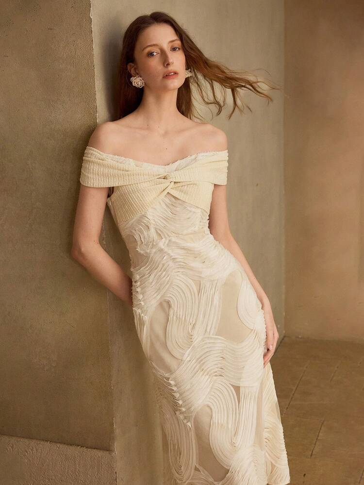 SUMMER FRENCH ROMANTIC ELEGANT TEXTURED PATCHWORK DESIGN OFF SHOULDER KNIT TWIST WAVY TEXTURE A-LINE CINCHED WAIST WOMEN DRESS