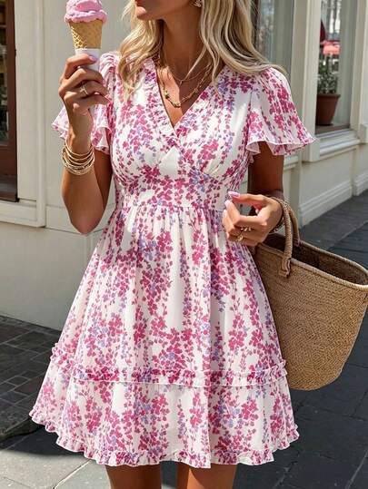 Breezaya Ditsy Floral Print Lettuce Trim Dress Vacation Beach Outfits Women Casual Summer Dresses For Women Boho Dresses For Women Zanea Dress For Woman Picnic Dresses For Women Resort Wear Women Vacation Dress