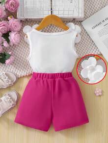 Girls' Sweet Design Set, Spring/Summer, 3D Flower Pearl Decor Sleeveless Top + Contrast Ruffle Hem Shorts, 2pcs Set, Casual, Party 7th Birthday - Hot Pink - View 4
