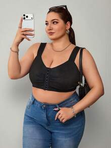 SHEIN CURVE+ 大码女式夏季休闲日常通勤简约纯色褶皱胸前三扣短款宽松背心 - 黑色 - 查看 5