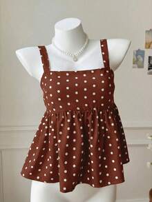SHEIN Tween Girls' Casual Polka Dot Pattern Bow Decor Ruffle Hem Blouse - Brown - View 2
