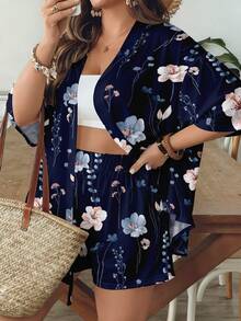 SHEIN VCAY Casual Minimalist Vintage Leaf Pattern Loose Plus Size 2 Pieces Set, Suitable For Summer - Navy Blue - View 6