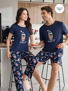 CoupledUp Bộ đồ ngủ nam thường ngày in hình cốc cà phê - Màu xanh hải quân - Xem 3