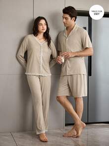CoupledUp Bộ đồ ngủ nam màu trơn, kiểu dáng tối giản, cổ ve áo, tay ngắn và quần short, thích hợp cho mùa xuân/hè. - Màu Khaki - Xem 3