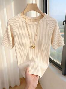 SHEIN Franclia Women's Summer Round Neck Raglan Short Sleeve All-Match T-Shirt, Elastic Ribbed Knit Fabric, Minimalist Versatile Slim Fit Elegant Fashion Top, Summer Outfit Ribbed Tops For Women Basic Tops For Women Elegant Tops For Women Casual Tops For Women Plain Tops For Women Elegant Blouses Knit Tops T-Shirts For Women Blouses For Women - Apricot - View 4