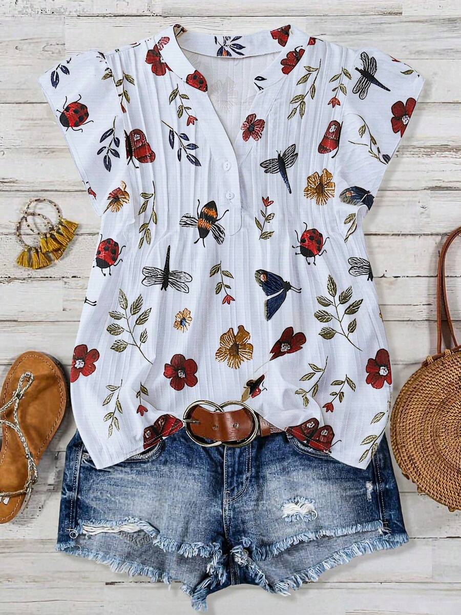 Linhara Plus Size Versatile High-End Printed Notch Collar Summer Shirt Vacation White Traditional - Blue - View 1