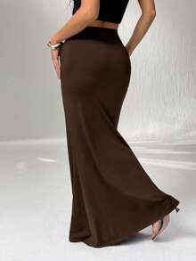 SHEIN EZwear Plus Size Women Elegant Elegent Dark Brown Mermaid Skirt Evening Party Summmer - Brown - View 2