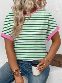EMERY ROSE Camiseta de manga corta con cuello redondo y estampado de rayas, de talla grande, casual y versátil para primavera/verano - Multicolor - Ver 6