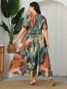 Hourglow Plus Size V-Neck Long Tie Dye Print Elegant Romantic Waist-Cinched A-Line Dress, For Body Shape, For Summer - Multicolor - View 2