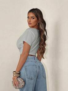Sirith New Deep V-Neck Crop Top, Sexy Revealing Design - Grey - View 2