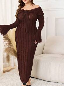 Modelyn Plus Size Women's Off Shoulder Ruffle Long Sleeve Fitted Textured Lace Splice French Elegant Dress - Brown - View 5