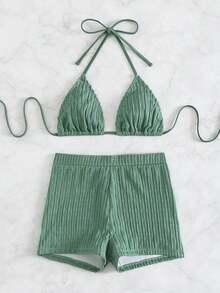 SHEIN Swim 2pcs Textured Solid Color Halter Bikini Set, Suitable For Summer Beach Vacation - Olive Green - View 4