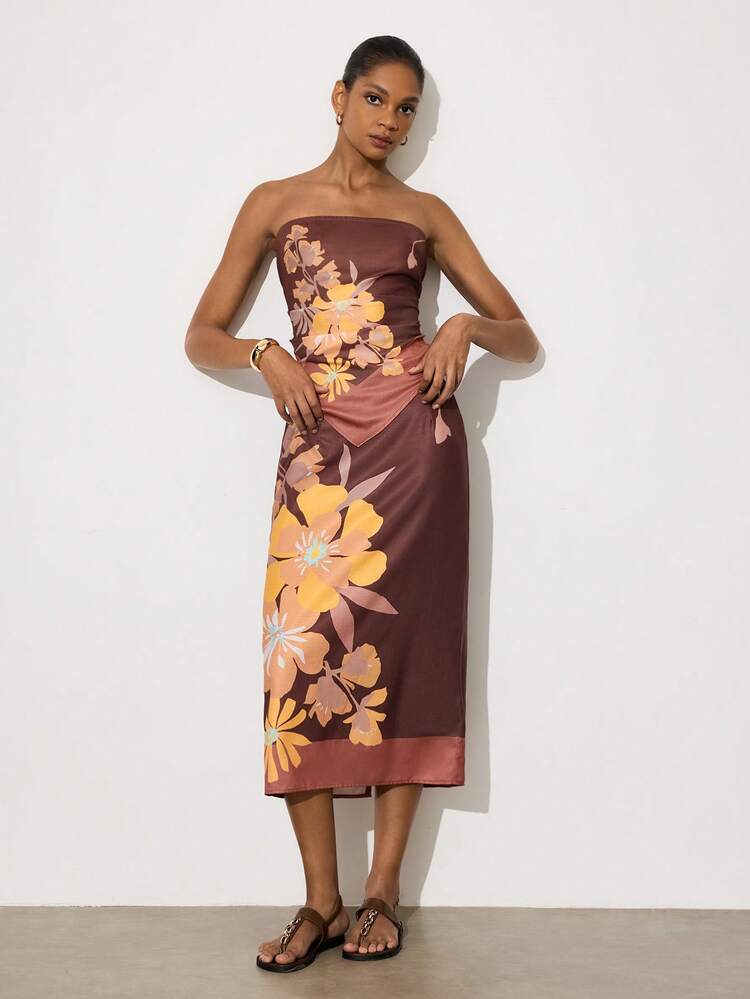 SHEIN Maija Women's Casual Floral Print Contrast Color Tie-Front Backless Tube Top