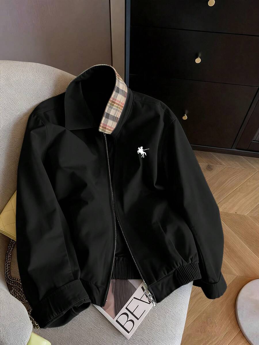 INAWLY Casual Loose Zip-Up Contrast Color Graphic Print Long Sleeve Jacket - Black - View 1
