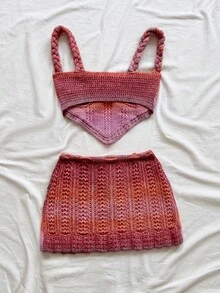 Soleia Bộ 2 món gồm áo croptop hai dây gợi cảm và chân váy cạp thấp bằng vải móc, thích hợp cho kỳ nghỉ, lễ hội âm nhạc, phong cách bohemian, du lịch, hẹn hò, tiệc trà chiều. - Nhiều màu - Xem 2