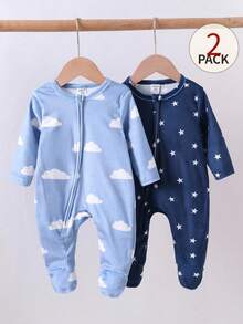 Set de 2 piezas de pijama de una sola pieza con estampado de estrella y nube de manga larga para recién nacidos - Multicolor - Ver 4