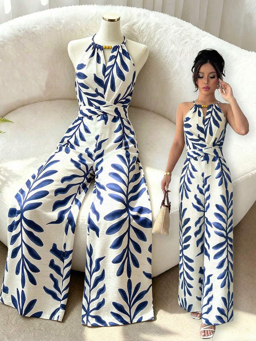 Elenzga petite Women's Elegant Casual Beige Base With Brown Design Linen Fabric Halter Beaded Design Waist Bow Tie Design Jumpsuit, Spring/Summer - Blue - View 1