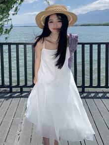 DAZY 纯色宽松网纱拼接吊带中长连衣裙，女士休闲夏季度假连衣裙，女士太阳裙 - 白色 - 查看 8