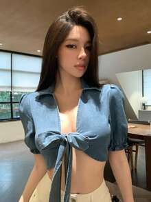 DAZY 女士夏季时尚前系带花瓣袖短款牛仔上衣 - 淺色水洗藍 - 查看 4