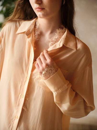MOTF PREMIUM Conjunto de pijama con top de camisa y pantalones cortos con parches de encaje