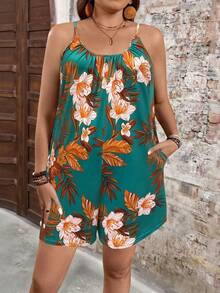 Breezaya 大尺碼綠色花卉熱帶印花無袖連身褲，附口袋，夏季波西米亞風海灘度假連身褲，度假度假村穿搭女裝 - 彩色 - 查看 5