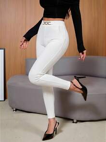 SHEIN PETITE 女士高腰金属扣饰紧身裤 - 白色 - 查看 1