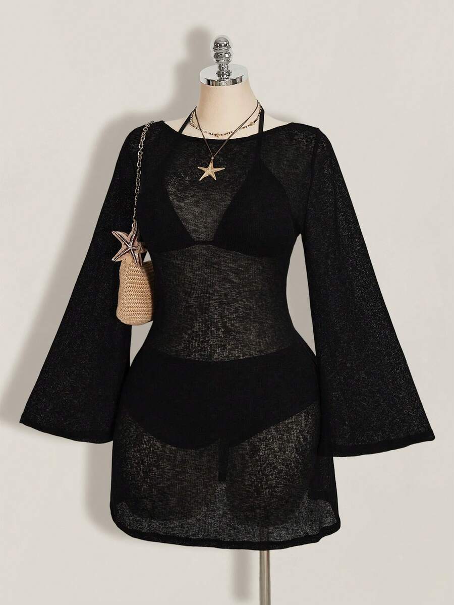 SHEIN ICON 大码女士沙滩度假长袖系带透视连衣裙 - 黑色 - 查看 1