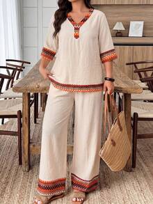 Lacomfia Elegant Casual V-Neck Pullover, Element Patchwork, Loose Fit, Versatile Plus Size Women 2-Piece Set, Spring/Summer - Multicolor - View 5