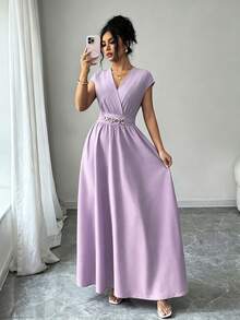 Franclia Đầm đỏ anh đào thanh lịch dành cho nữ, cổ chữ V, tay cánh dơi, eo thon, vạt xòe, không tay, thích hợp cho mùa xuân/hè. - Màu tím hoa cà - Xem 3