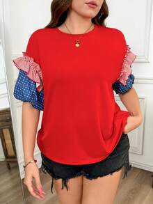 SHEIN LUNE Áo thun nữ cỡ lớn mùa hè kiểu dáng thường ngày, kẻ sọc phối nhiều màu sắc, kiểu dáng giản dị, thích hợp mặc ở nhà. - Đỏ - Xem 3